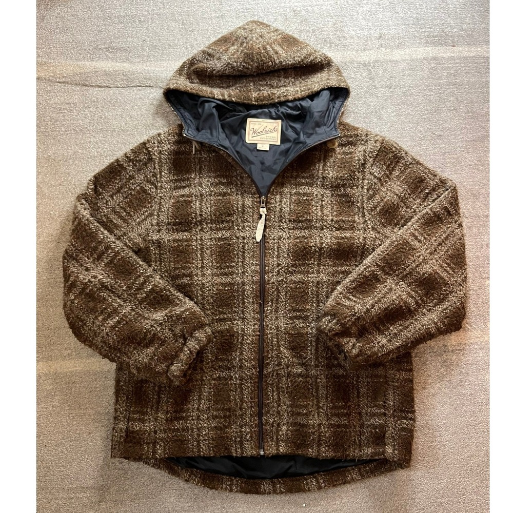 Woolrich Womens Brown Plaid Fleece Hooded Jacket Full Zip Made in USA Medium